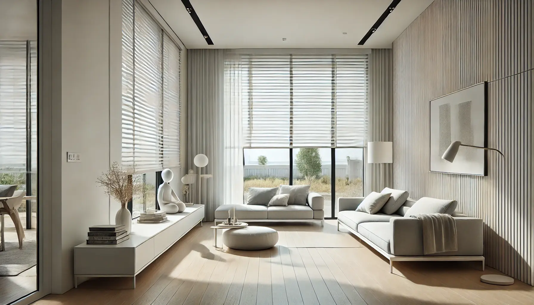 DALL·E 2025-03-10 10.22.31 - A modern minimalist home interior featuring low-maintenance window furnishings in a wide rectangular format. The bright and airy space showcases sleek